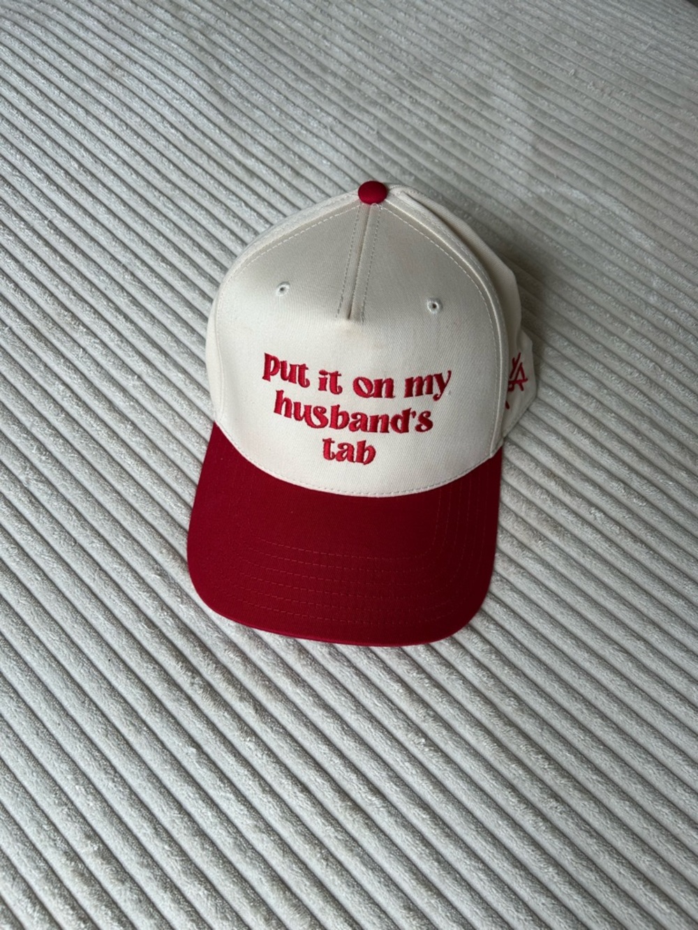 Cream and Red Trucker Hat - "Put It On My Husband's Tab"